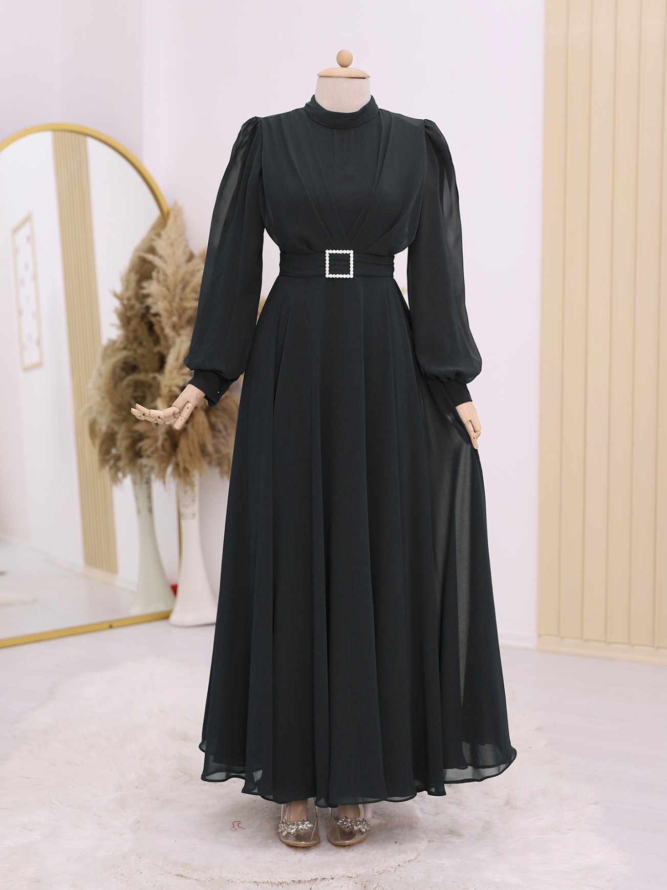 Belted Stone Front Pleated Hijab Dress