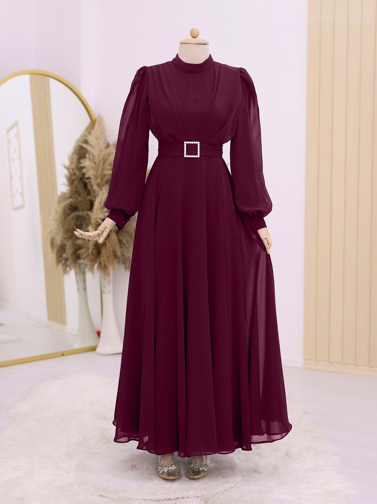 Belted Stone Front Pleated Hijab Dress -Maroon