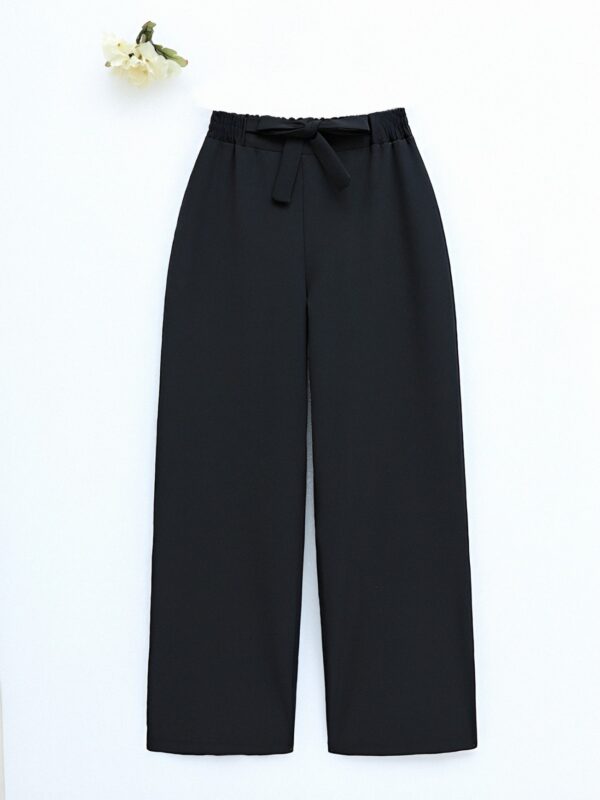 Double Fabric Waist Belted Wide Leg Trousers -Black