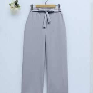 Double Fabric Waist Belted Wide Leg Trousers -Grey