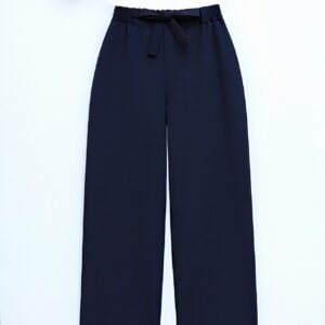 Double Fabric Waist Belted Wide Leg Trousers -Navy blue