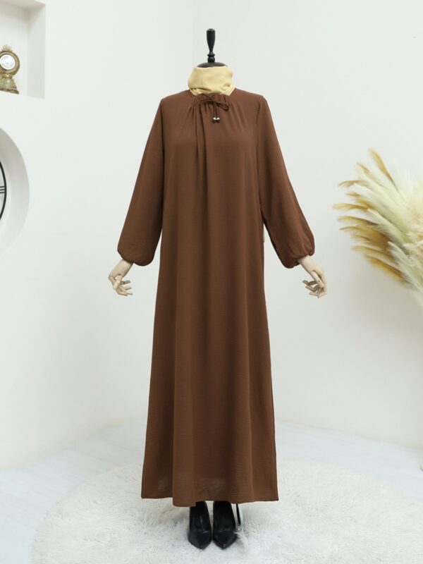 Gathered Collar Balloon Sleeve Ayrobin Abaya-Brown