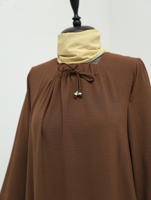 Gathered Collar Balloon Sleeve Ayrobin Abaya-Brown