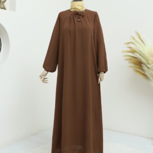 Gathered Collar Balloon Sleeve Ayrobin Abaya-Brown