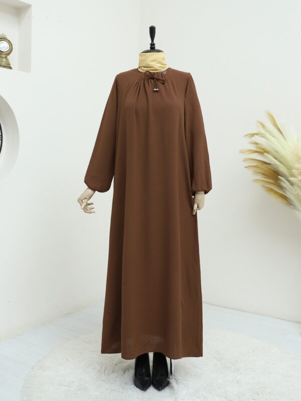 Gathered Collar Balloon Sleeve Ayrobin Abaya-Brown