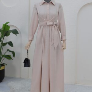 Half Buttoned Front Cross Tie Linen Abaya Dress - Beige.