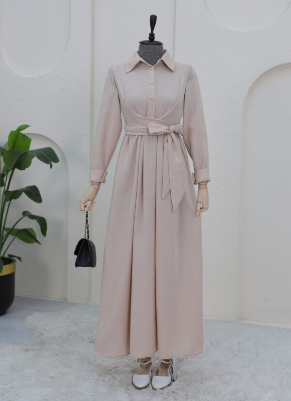 Half Buttoned Front Cross Tie Linen Abaya Dress - Beige.