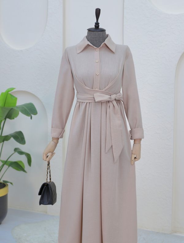 Half Buttoned Front Cross Tie Linen Abaya Dress - Beige.