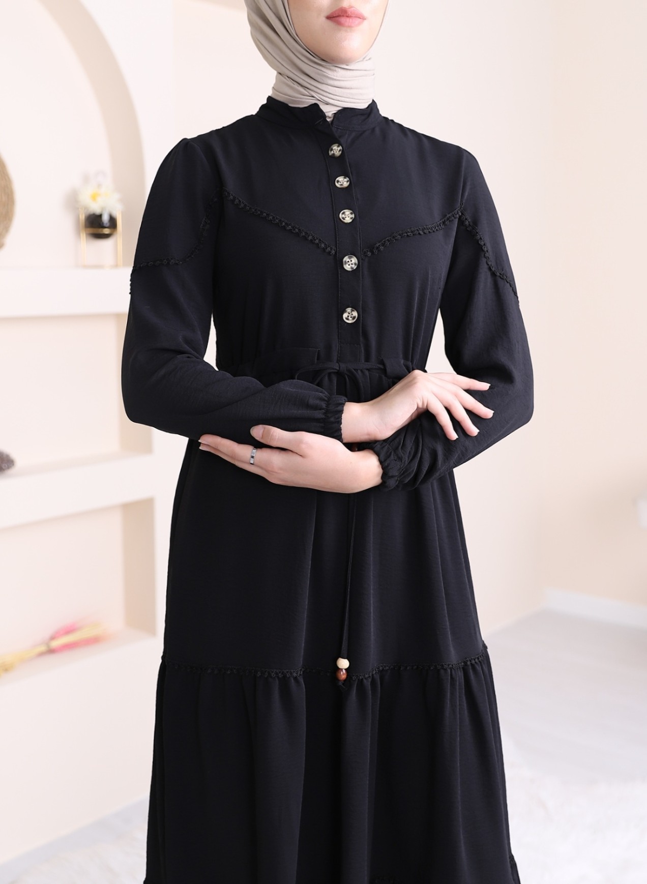 Half Buttoned Lace-Up Abaya Dress -Black 1