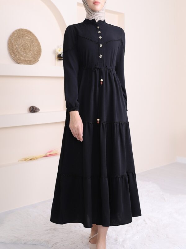 Half Buttoned Lace-Up Abaya Dress -Black 1