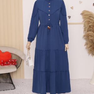 Half Buttoned Lace-Up Abaya Dress -Dark blue