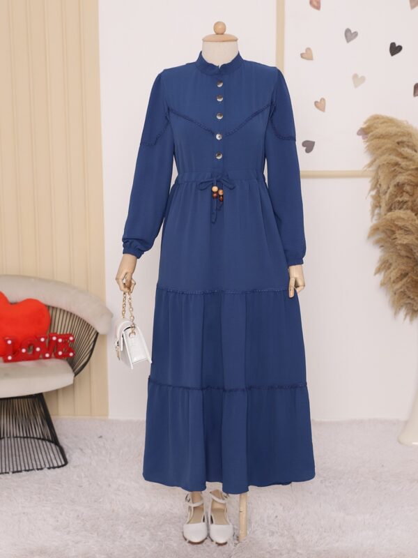 Half Buttoned Lace-Up Abaya Dress -Dark blue