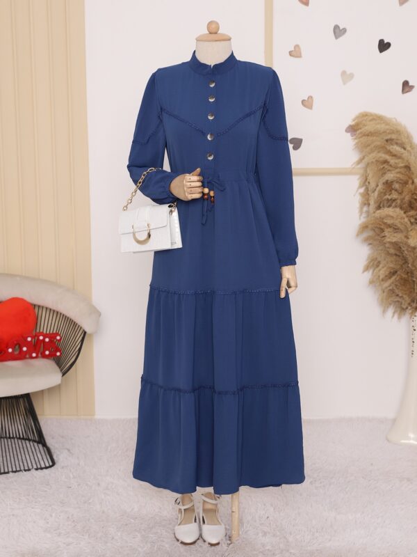 Half Buttoned Lace-Up Abaya Dress -Dark blue