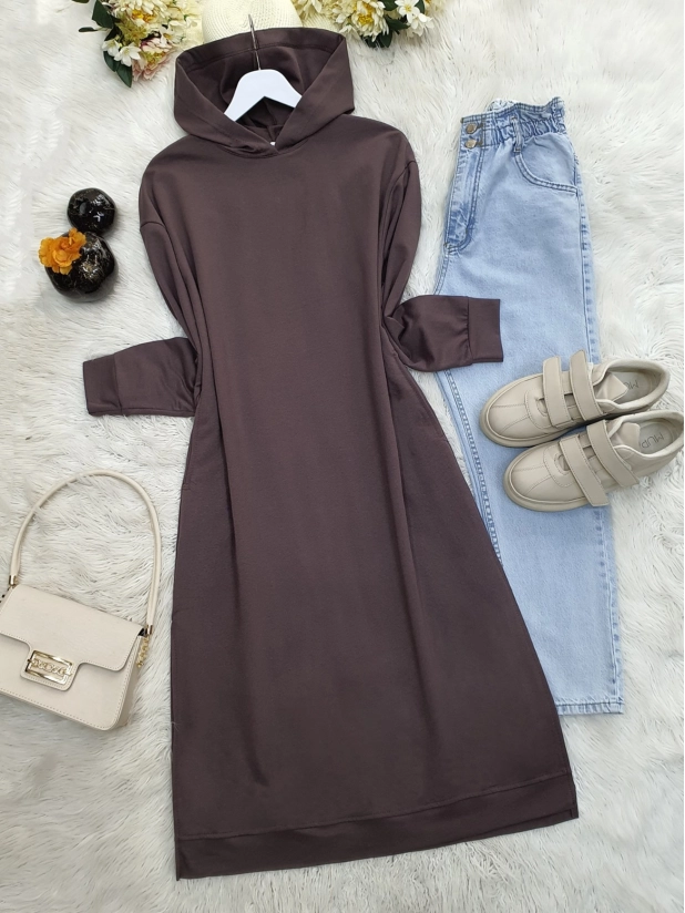 Hooded combed cotton tunic with side slits