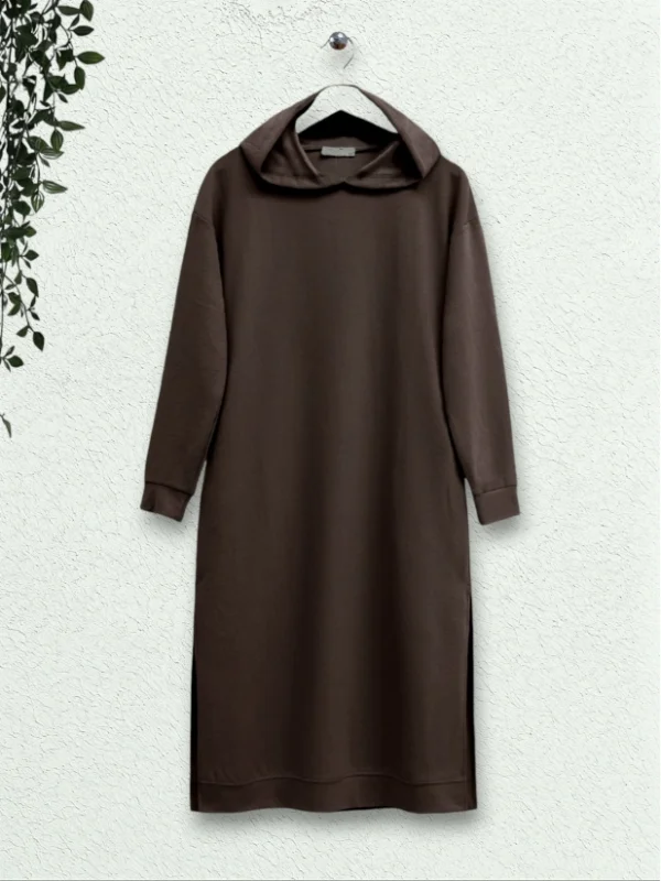 Hooded combed cotton tunic with side slits