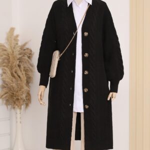 Thicken Warm Knitting Pattern Buttoned Cardigan Fall Winter Casual -Black