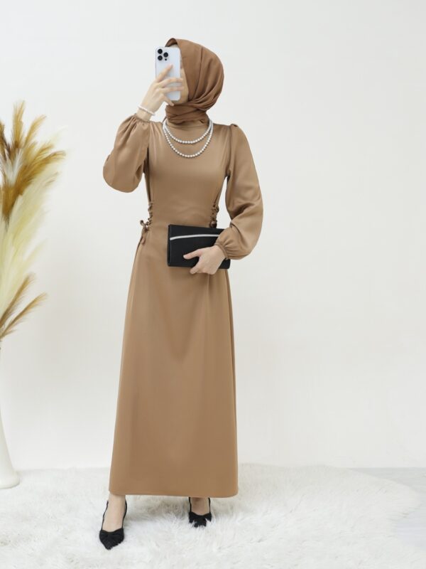 Satin Modest Evening Dress with Tie-Up Sides and Elastic Sleeves -Mink color