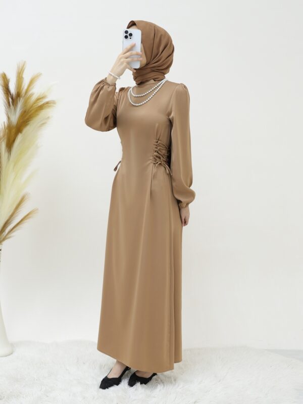 Satin Modest Evening Dress with Tie-Up Sides and Elastic Sleeves -Mink color