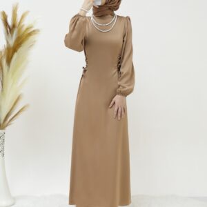 Satin Modest Evening Dress with Tie-Up Sides and Elastic Sleeves -Mink color