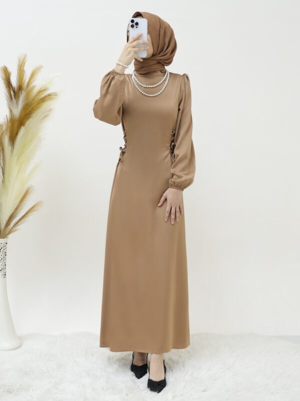 Satin Modest Evening Dress with Tie-Up Sides and Elastic Sleeves -Mink color