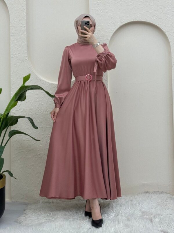 Satin Modest Evening Dress with Elastic Waist Belt and Tied Sleeves