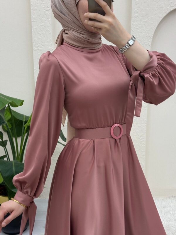 Satin Modest Evening Dress with Elastic Waist Belt and Tied Sleeves