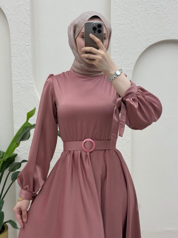 Satin Modest Evening Dress with Elastic Waist Belt and Tied Sleeves