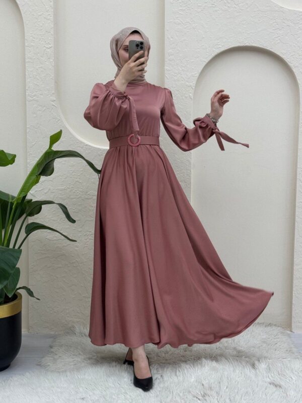 Satin Modest Evening Dress with Elastic Waist Belt and Tied Sleeves