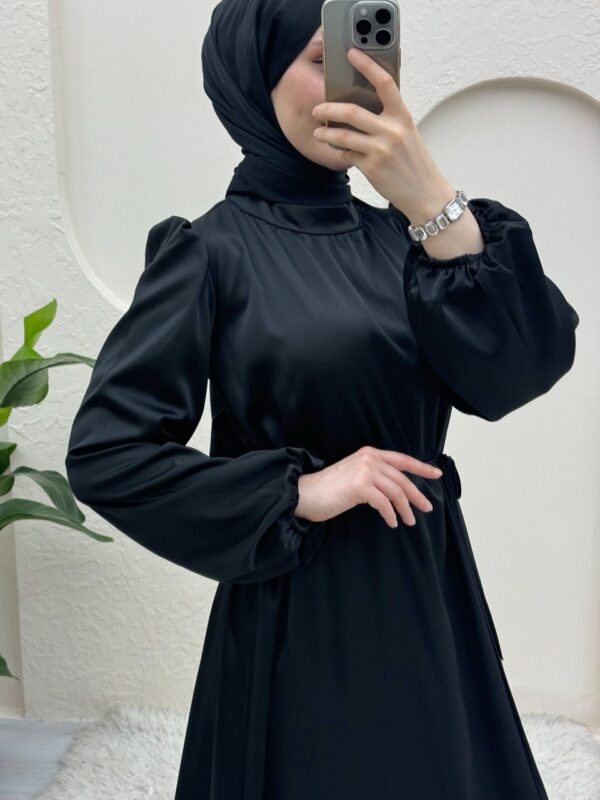 Satin Evening Dress with Elasticated Waist and Sleeves -Black