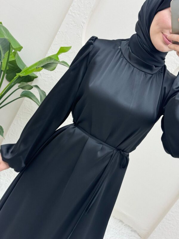 Satin Evening Dress with Elasticated Waist and Sleeves -Black