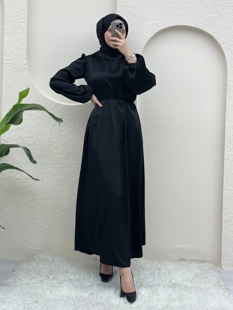 Satin Evening Dress with Elasticated Waist and Sleeves -Black