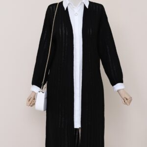 Slit Knit Pattern Long Front Open Cardigan Sweater -Black