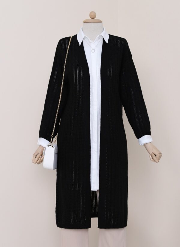 Slit Knit Pattern Long Front Open Cardigan Sweater -Black