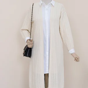 Slit Knit Pattern Long Front Open Cardigan Sweater -Cream color