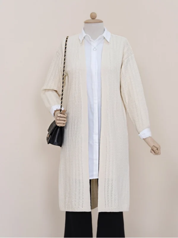 Slit Knit Pattern Long Front Open Cardigan Sweater -Cream color