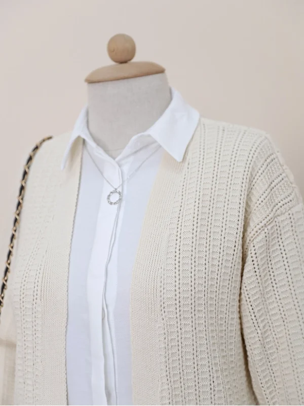 Slit Knit Pattern Long Front Open Cardigan Sweater -Cream color