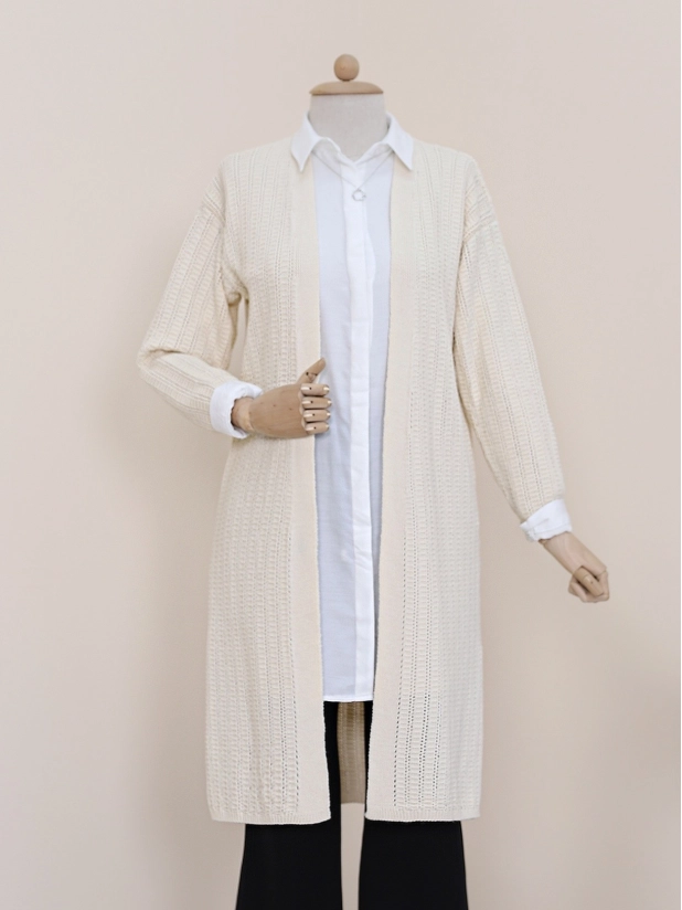 Slit Knit Pattern Long Front Open Cardigan Sweater -Cream color