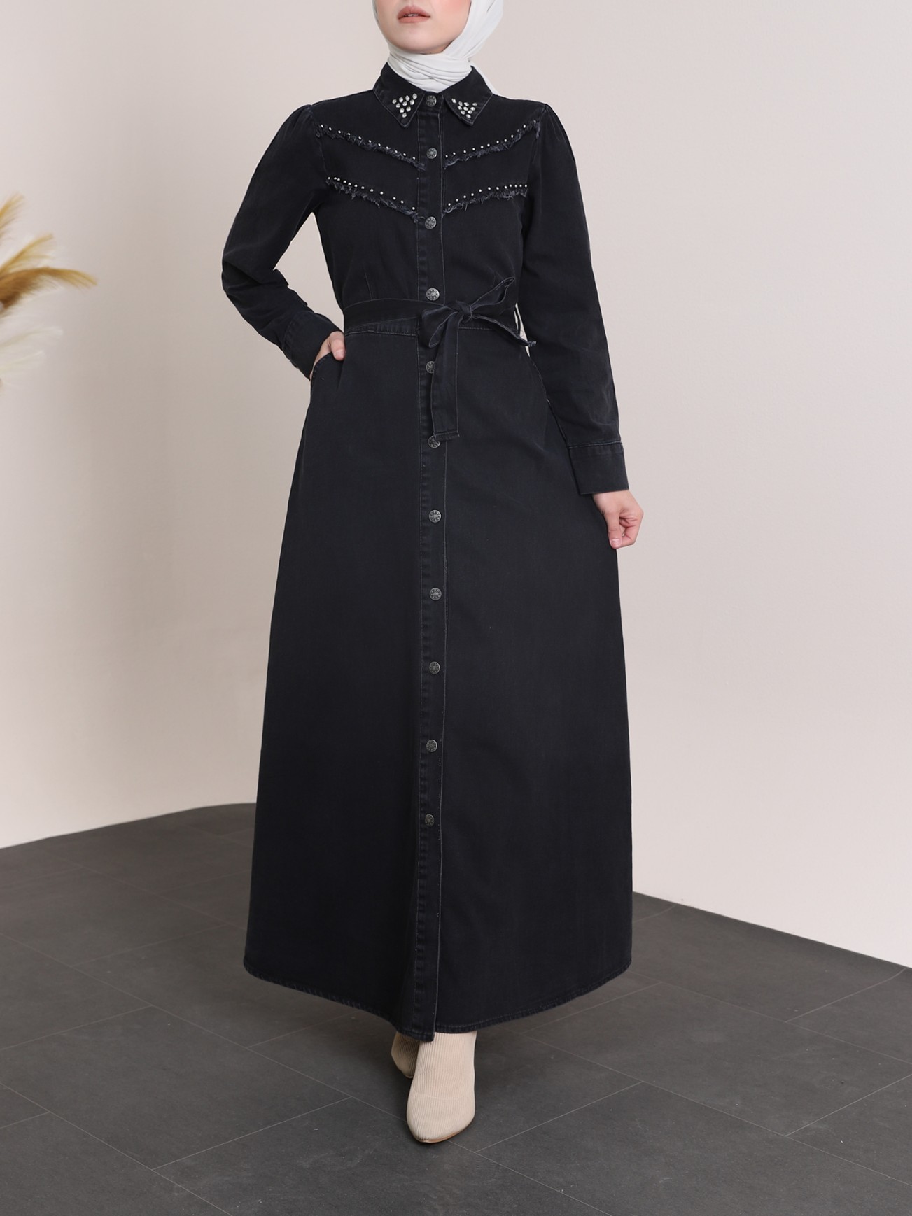 Vintage Abaya Denim Dress with Stones on the Collar and Chest