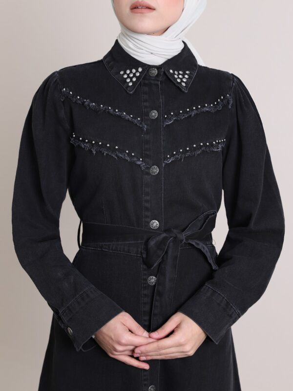 Vintage Abaya Denim Dress with Stones on the Collar and Chest