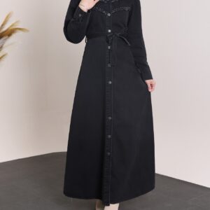 Vintage Abaya Denim Dress with Stones on the Collar and Chest