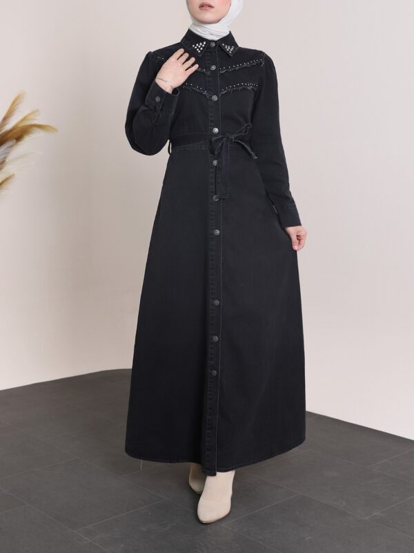 Vintage Abaya Denim Dress with Stones on the Collar and Chest