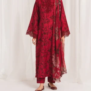 Maroon Agha Jaan Printed 3pc Suit with Chiffon Dupatta