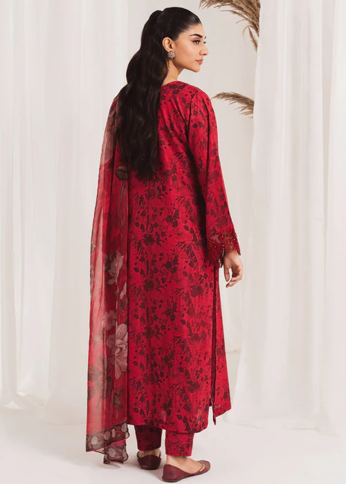 Maroon Agha Jaan Printed 3pc Suit with Chiffon Dupatta