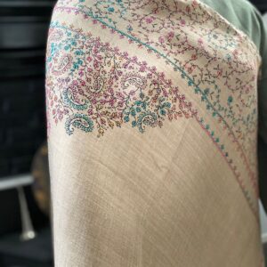 Hand-Embroidered Pashmina Shawl Wool with border -Beige