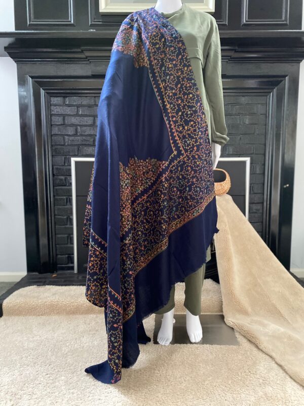 Hand-Embroidered Pashmina Shawl with border - Navy Blue