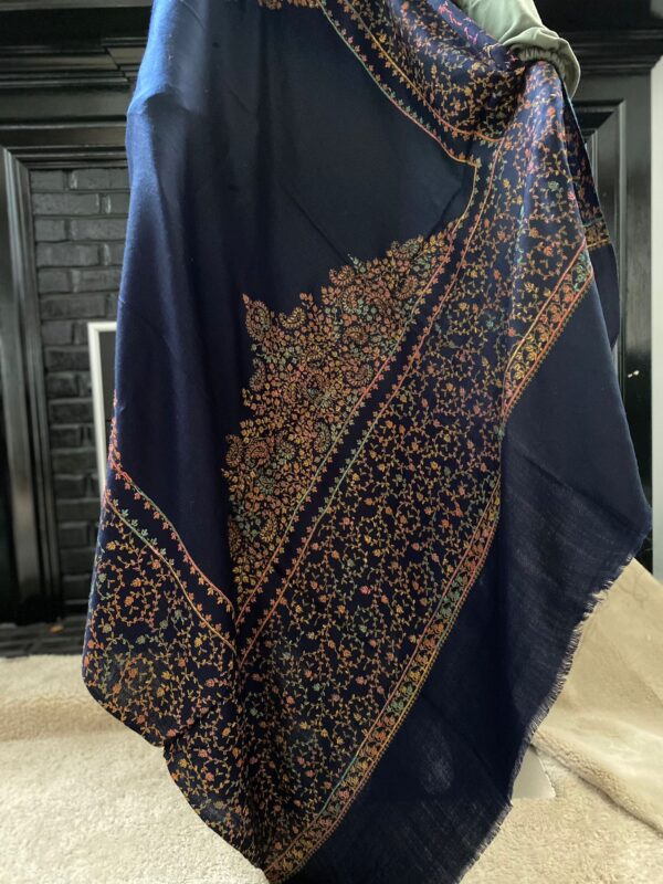 Hand-Embroidered Pashmina Shawl with border - Navy Blue