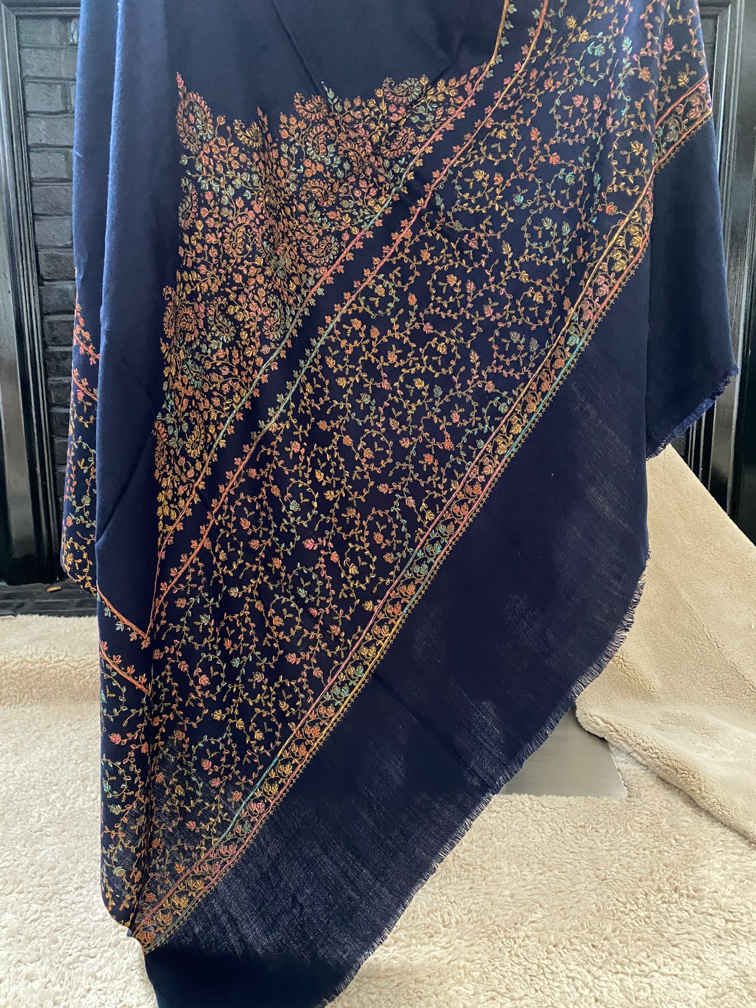 Hand-Embroidered Pashmina Shawl with border - Navy Blue