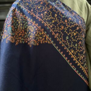 Hand-Embroidered Pashmina Shawl with border - Navy Blue