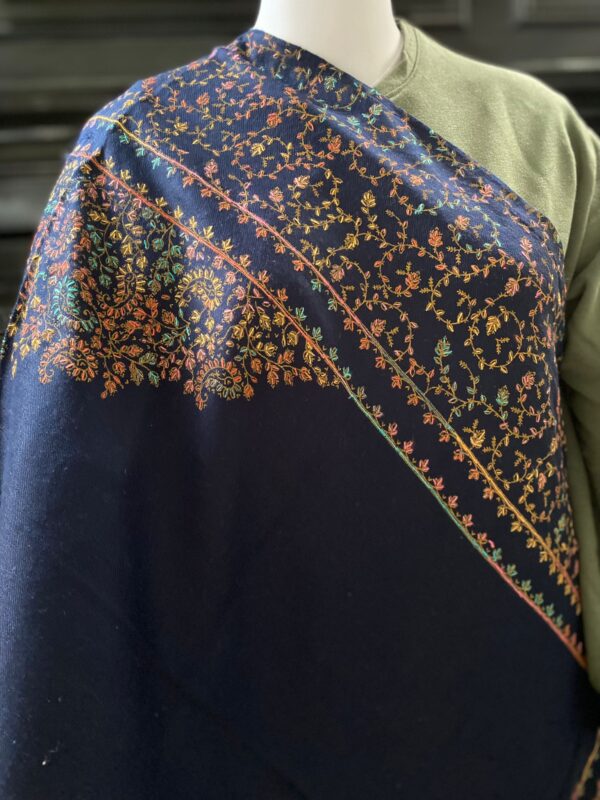 Hand-Embroidered Pashmina Shawl with border - Navy Blue