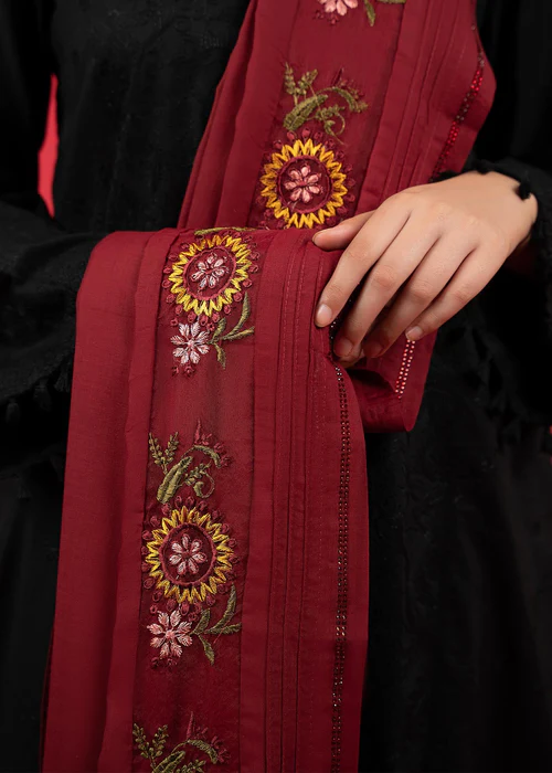 Lawn Shawl Maroon with organza embroidery and Diamonties - Punkh